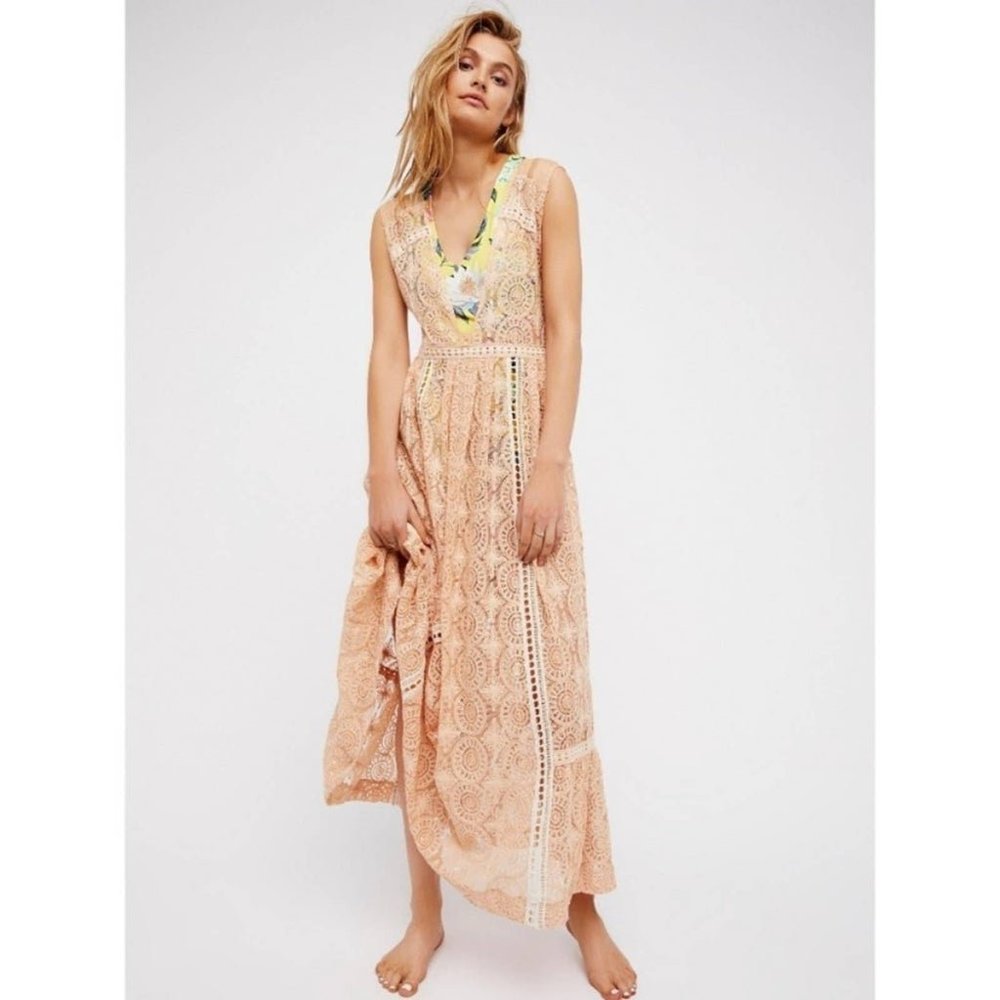 Free People Shine On Peach Lace Sequin Sheer Midi Dress Sz L (NO BODYSUIT)